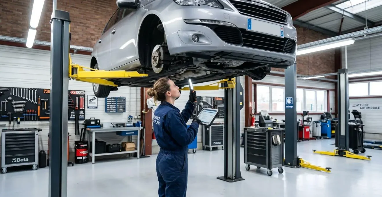 Mécanicien professionnel en bleu de travail inspectant le châssis d'un véhicule français surélevé sur pont dans un atelier automobile moderne lumineux