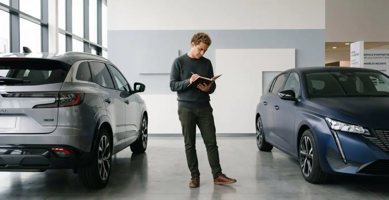 Particulier consultant une tablette entre deux véhicules français dans un showroom automobile lumineux, en posture de réflexion pour choisir entre neuf et occasion
