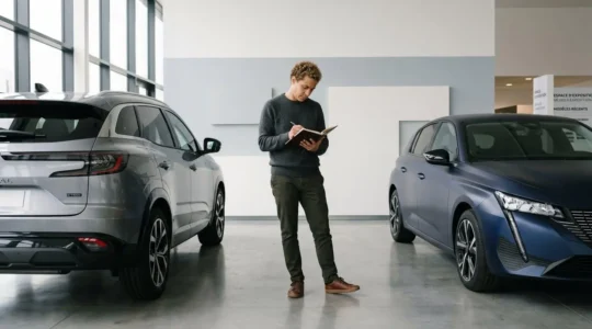 Particulier consultant une tablette entre deux véhicules français dans un showroom automobile lumineux, en posture de réflexion pour choisir entre neuf et occasion