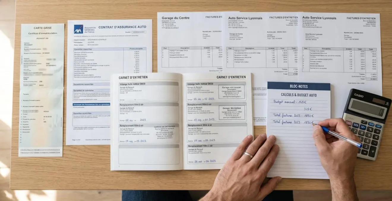Vue de dessus d'un bureau avec documents financiers automobiles français (factures entretien, assurance, carte grise), calculatrice et main prenant des notes budgétaires
